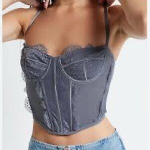 PacSun LA Hearts Lace Trim Mesh Corset Top Gray